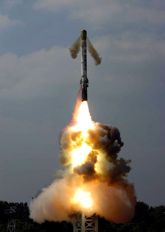 A canister-launched surface-to-surface Shourya missile is launched by Defence Research and Development Organisation  from Integrated Test Range Balasore, in Orissa