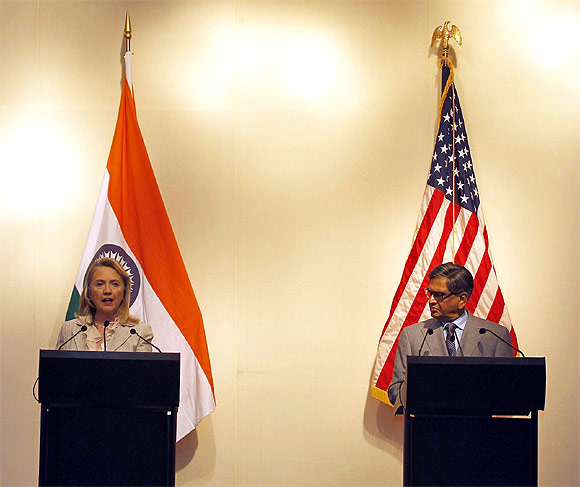 US Secretary of State Hillary Clinton with External Affairs Minister S M Krishna
