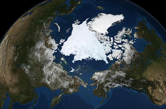 The Advanced Microwave Scanning Radiometer, a high-resolution passive microwave Instrument on NASA's Aqua satellite, shows the state of Arctic sea ice in this file image released on September 16, 2008