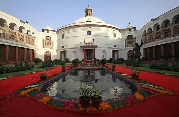 A view of the decorated central hall of the Parliament on the occasion of its 60th anniversary