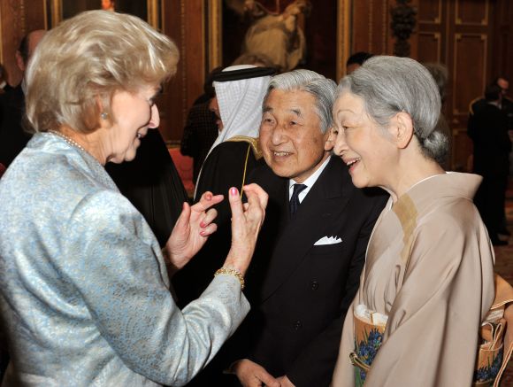 Princess Alexandra speaks to Emperor Akihito of Japan and Empress Michiko of Japan during a reception in the Waterloo Chamber, before her Sovereign Monarch's Jubilee lunch, at Windsor Castle, on May 18, 2012 in Windsor, England
