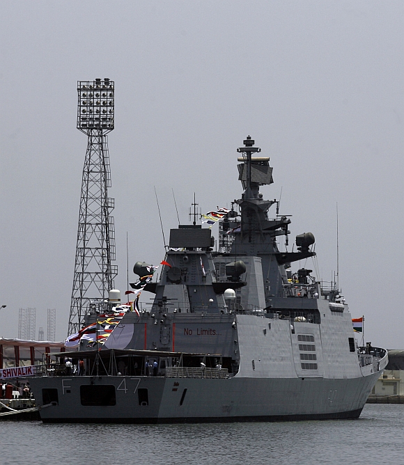 The Indian Navy's newly commissioned stealth frigate INS Shivalik is seen after the commissioning ceremony at a naval base