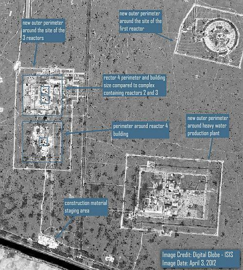 Wide area view of the Khushab nuclear complex showing the new security perimeters around all three major sites in the complex and a comparison between the reactor 2 and 3 facility and the reactor 4 facility.