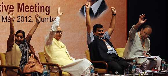 Senior BJP leaders Sushma Swaraj, L K Advani, Nitin Gadkari and Arun Jaitley at the national executive meet held in Mumbai on Friday