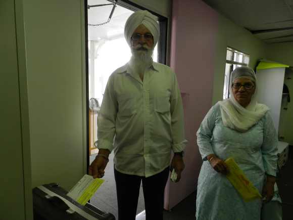 Sukhdeb and Manbir at the gurdwara to cast their vote