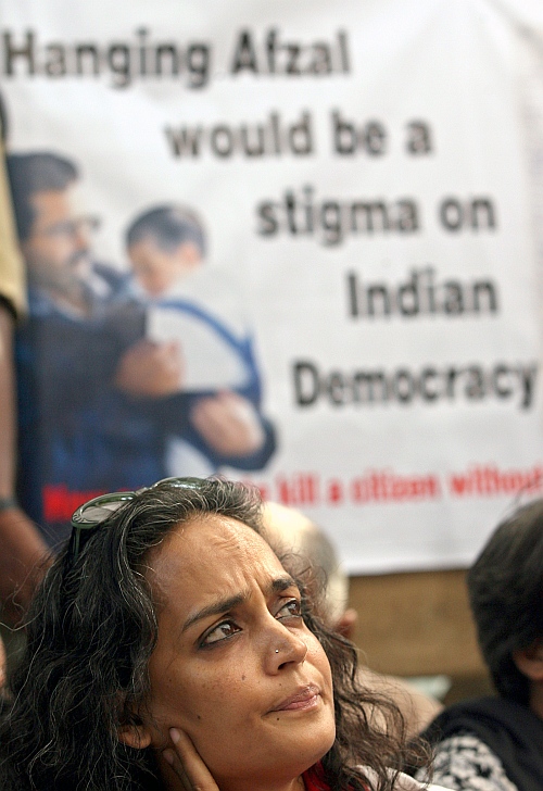 Arundhati Roy, Booker Prize-winning novelist, attends a protest against the execution of Mohammed Afzal in New Delhi