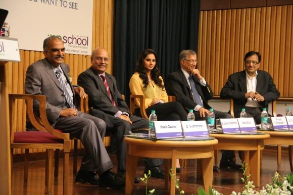 Former Mumbai police commissioner D Sivanandan, left, with prominent chartered accountant Shailesh Haribhakti, tennis star Sania Mirza-Malik, construction magnate Niranjan Hiranandani and AICTE Chairman S S Mantha at the event