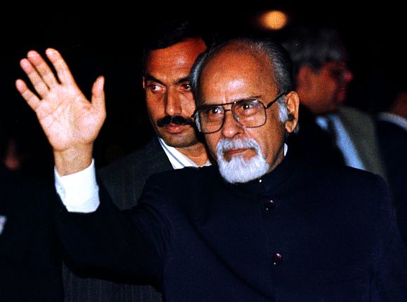 Former PM Inder Kumar Gujral greets crowds during a visit to South Africa in October, 1997.