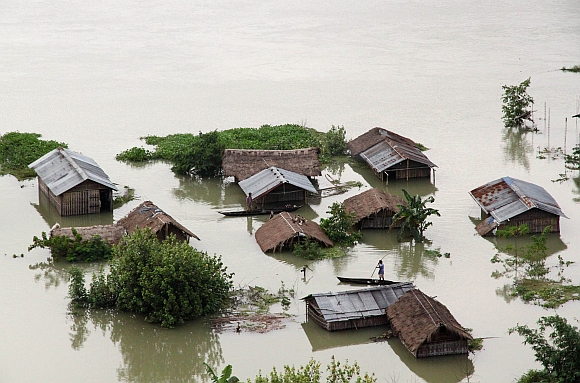 An aerial view of a flooded river island in the Brahmaputra river in Majuli, Assam