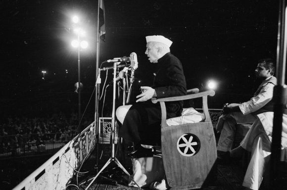 Prime Minister Jawaharlal Nehru addresses a public meeting in New Delhi during the 1962 war with China Photograph: Terry Fincher/Express/Getty Images