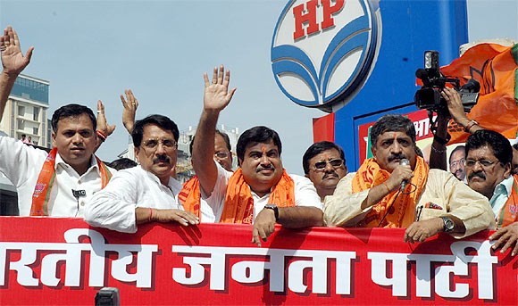 Gadkari greets his supporters.