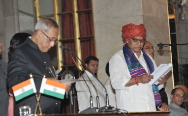 President Pranab Mukherjee administering oath of Minister of State to Porika Balram Naik at Rashtrapati Bhavan on Sunday