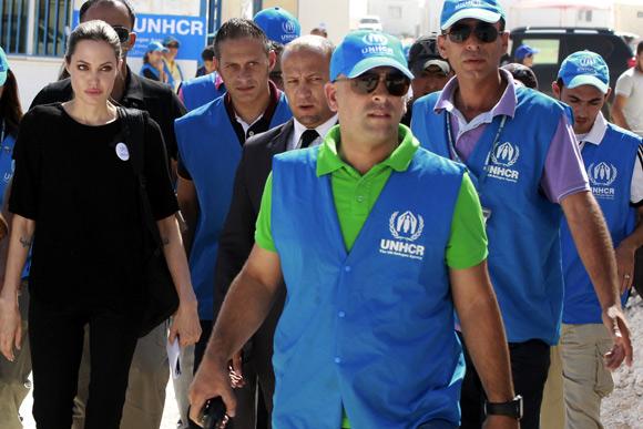 The UN refugee agency's special envoy, actress Angelina Jolie, arrives at Al Zaatri refugee camp, which is hosting Syrians displaced by the conflict, in the Jordanian city of Mafraq, near the border with Syria