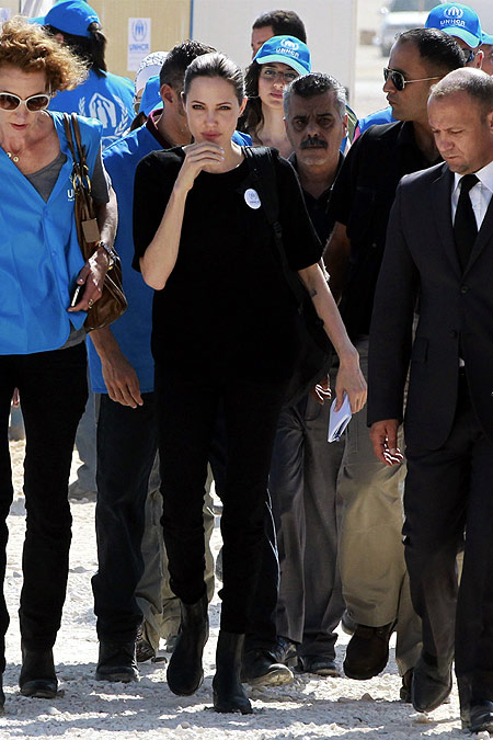 The UN refugee agency's special envoy, actress Angelina Jolie, arrives at Al Zaatri refugee camp, near the border with Syria.