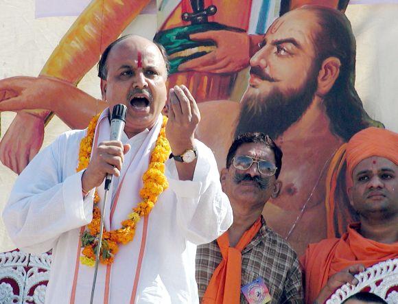 Pravin Togadia of the hardline Hindu group Vishwa Hindu Parishad (VHP) speaks during a gathering in Ahmedabad