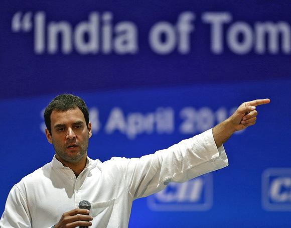 Rahul gestures during the annual general meeting and national conference 2013 of Confederation of Indian Industry in New Delhi