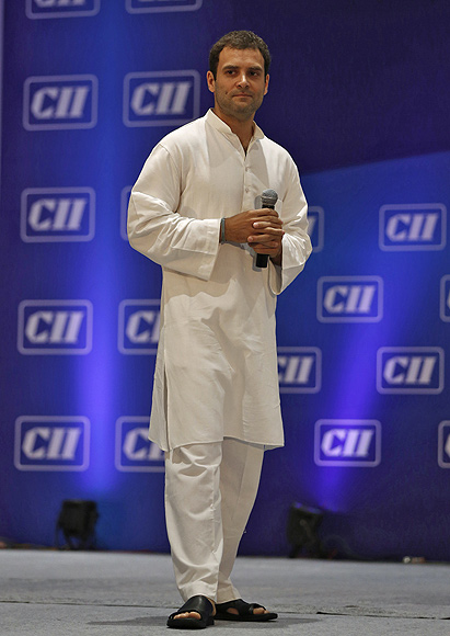 Rahul Gandhi pauses while speaking during the 2013 annual general meeting and national conference of Confederation of Indian