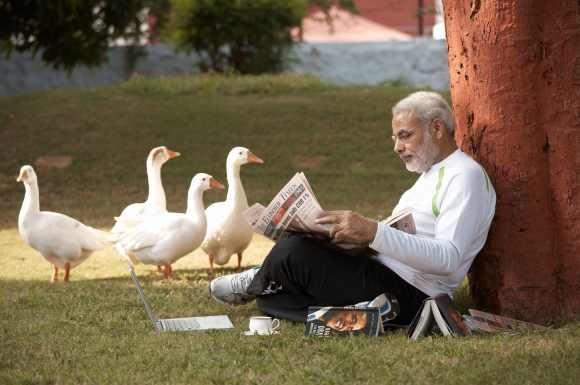 Gujarat Chief Minister on the lawns of his palatial home in Gandhinagar