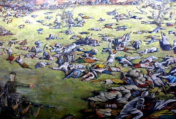 A mural of the Jallianwalla Bagh massacre. Photograph: Vaihayasi Pande Daniel/Rediff.com