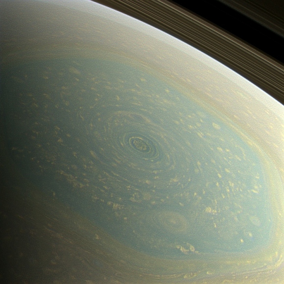 The north pole of Saturn, in the fresh light of spring, is revealed in this color image from NASA's Cassini spacecraft. The north pole was previously hidden from the gaze of Cassini's imaging cameras because it was winter in the northern hemisphere when the spacecraft arrived at the Saturn system in 2004.