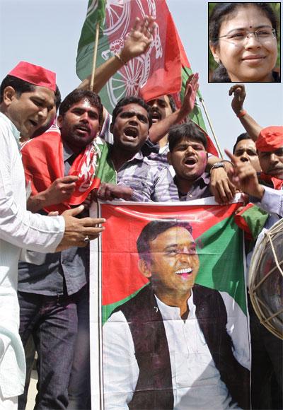 Party workers celebrate after Akhilesh Yadav is declared UP chief minister in March 2012. Inset, Suspended IAS officer Durga Shakti Nagpal.