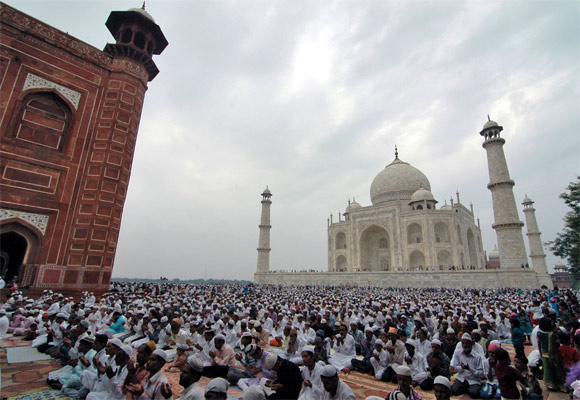 Muslims offer prayers at the Taj Mahal in Agra.