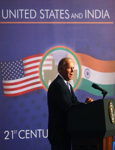US Vice President Joe Biden addresses a gathering at the Bombay Stock Exchange during his visit to India last month