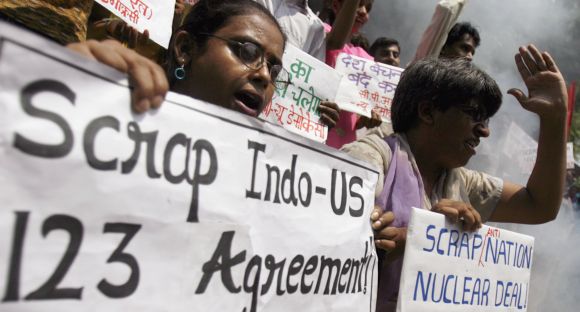 CPI-ML activists protest against the India-US nuclear agreement in New Delhi