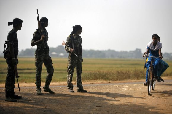 Security forces seen patrolling in a Naxal-hit village in West Bengal