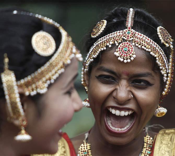 Deaf and mute girls before a dance performance in New Delhi, August 2010.