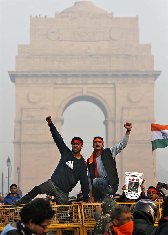 Demonstrators at a protest near India Gate in Delhi, Dec 2012.