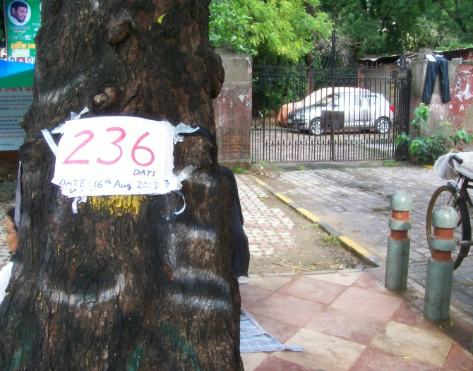 A poster pasted on a tree showing the number of days since the Delhi gang rape happened