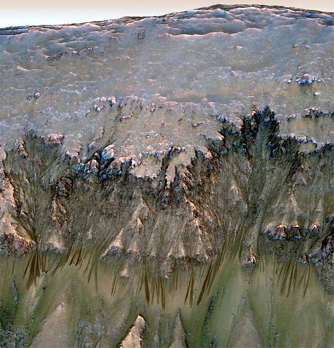 Inside images from Mars' Newton crater are shown in this combination of orbital imagery with 3-D modeling in this NASA handout photo