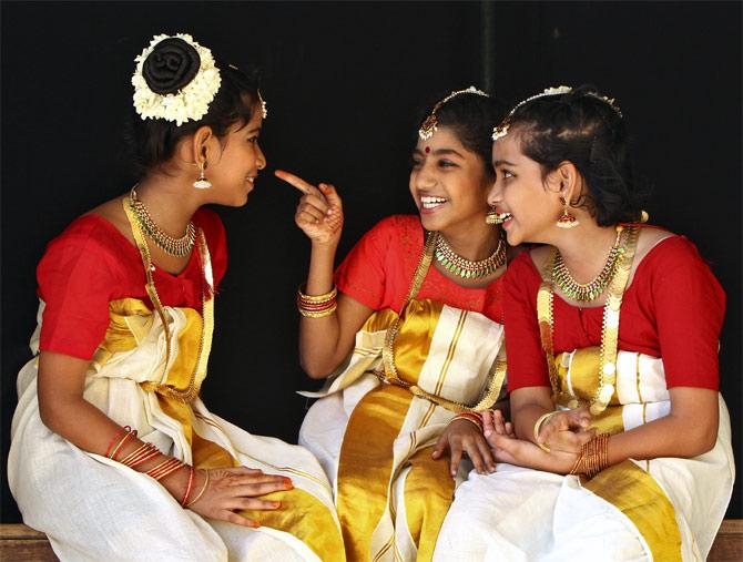 Girls wait to perform during Onam festivities in Chennai.