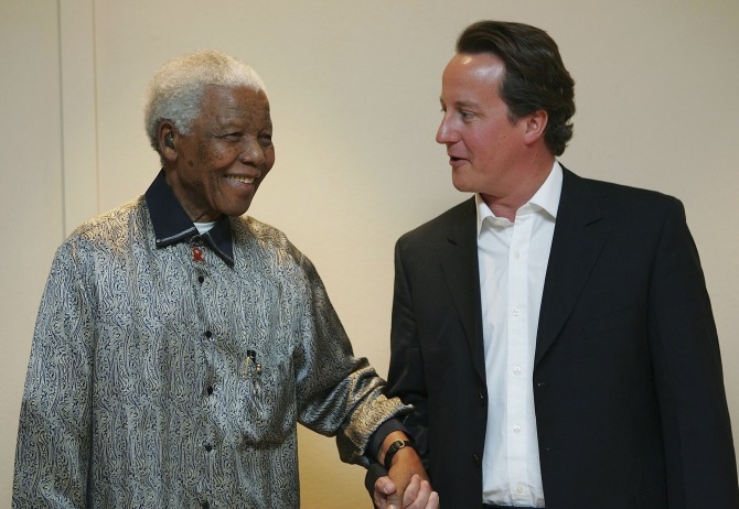 British PM David Cameron meets with Nelson Mandela in the Nelson Mandela Foundation Offices on August 23, 2006 in Johannesburg