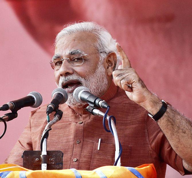 Narendra Modi addresses a campaign rally in New Delhi