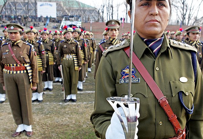 A contingent of female police stands during the Republic Day parade in Srinagar.
