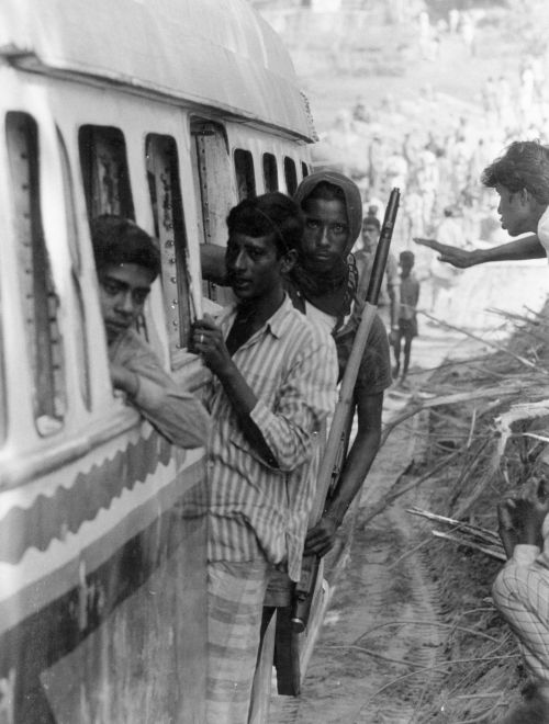 A 1971 photograph showing Mukti Bahini troops on their way to the frontlines in East Pakistan during the India-Pakistan conflict for the independence of  Bangladesh.