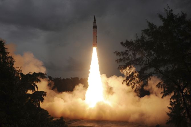 The surface-to-surface Agni-V missile is launched from the Wheeler Island off the coast of Odisha