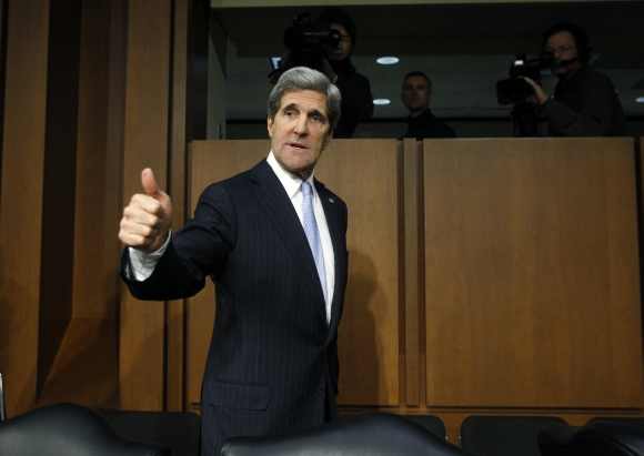 US Senator John Kerry departs after testifying before a Senate Foreign Relations Committee confirmation hearing on his nomination to be secretary of state, on Capitol Hill in Washington