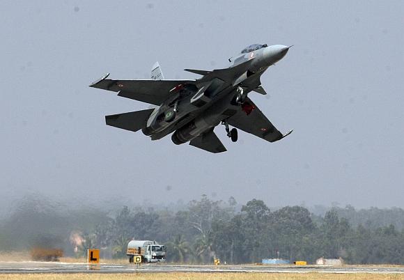 An SU -30 of the Indian Air Force at the Aero India rehearsals at the Yelahanka Air Force Station