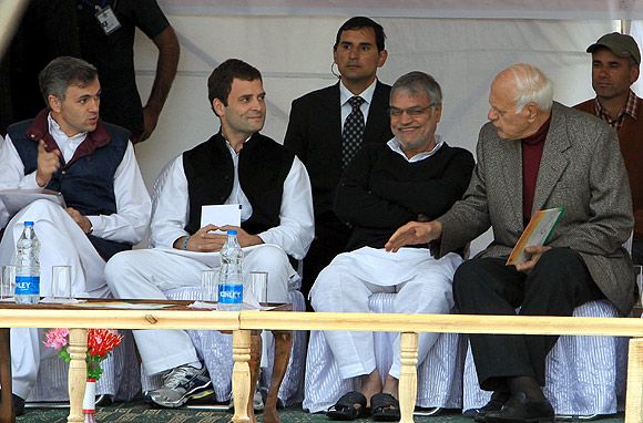 C P Joshi, second right, with Rahul Gandhi, second, left, flanked by Omar Abdullah and Dr Farooq Abdullah.