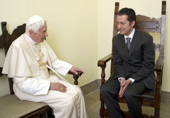 Pope Benedict talks with former butler Paolo Gabriele after pardoning him
