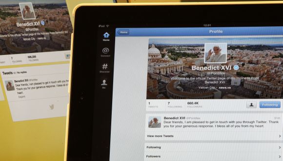 Pope Benedict XVI's twitter account is pictured with his first tweet on an iPad tablet