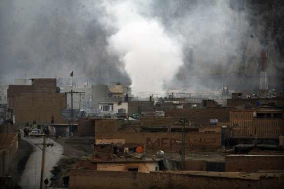 Smoke rises after a bomb attack in a Shi'ite Muslim area of the Pakistani city of Quetta