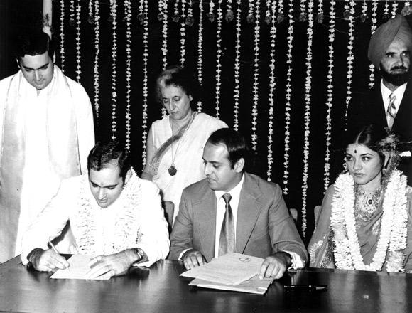 Sanjay Gandhi, with his mother Indira and brother Rajiv, at his wedding with Maneka Anand.