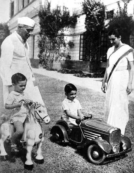 Sanjay and Rajiv Gandhi with their mother, Indira, and grandfather Jawaharlal Nehru.