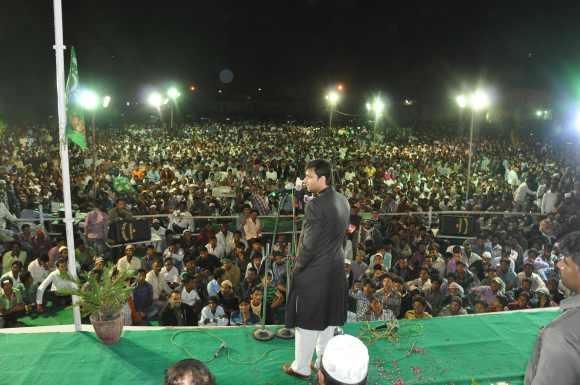 Akbaruddin Owaisi addresses a massive public meeting in Nirmal in Adilabad district on December 24