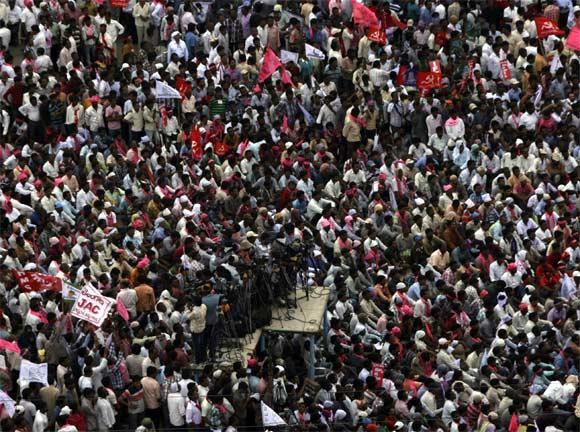 Telangana supporters take part in a protest in Hyderabad