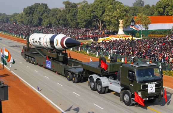 Surface-to-surface Agni V missile is displayed during the Republic Day parade in New Delhi on Saturday